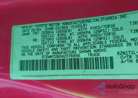 2004 Toyota Tacoma z USA, uszkodzony, nr VIN 5TEWM72N34Z376956